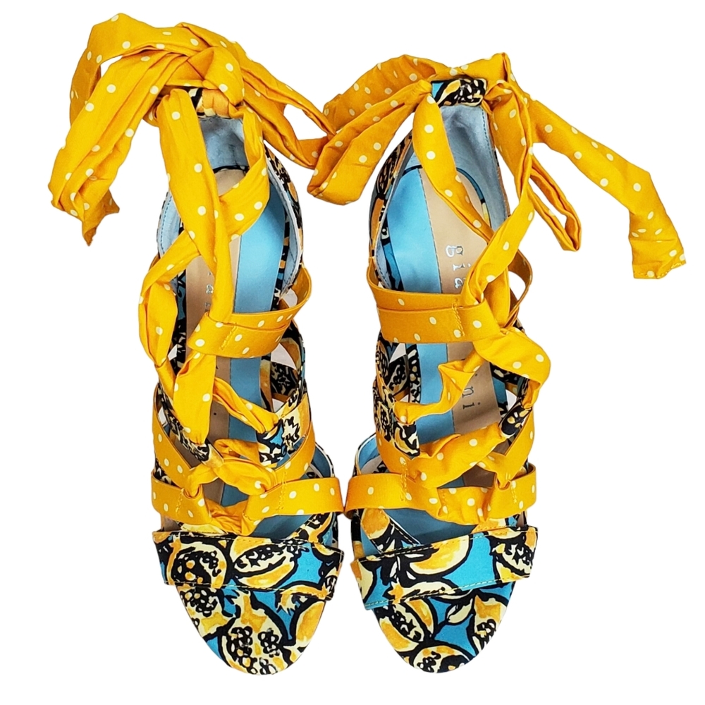 Gianni Bini Yellow Patterned Wrap-Heel Sandals - Picture 9 of 13